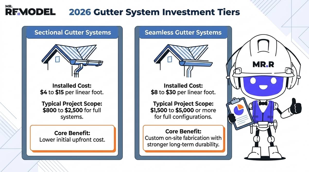 A 2026 gutter cost comparison infographic displaying installed price per linear foot and total project ranges for sectional gutters ($4-$15 / $800-$2,500) versus seamless gutters ($8-$30 / $1,500-$5,000+).